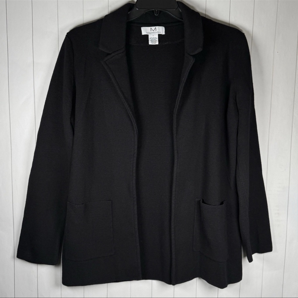 Magaschoni Large Black Knit Cardigan Open Front Pocket Sweater Minimalist Modest